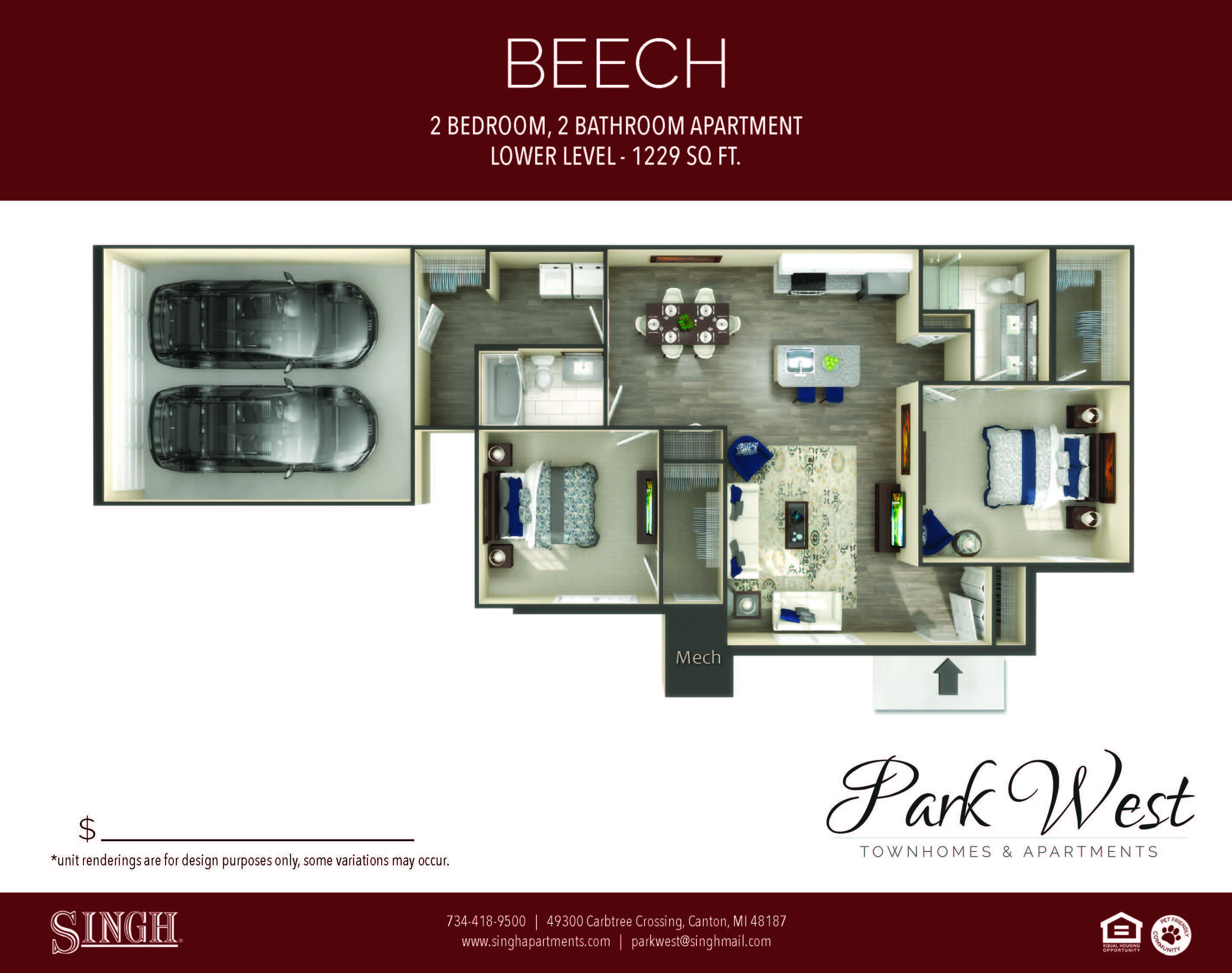 Beech Floor Plan at Park West, Michigan, 48187